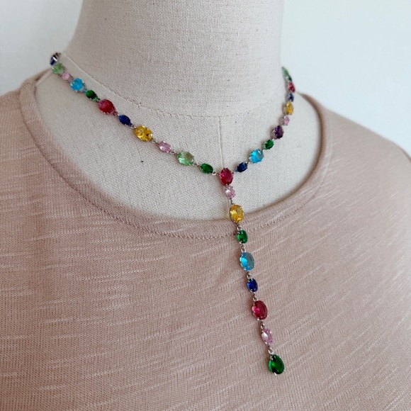 🌈 Anthropologie Rainbow Stone Lariat Necklace in Silver - Picture 3 of 11